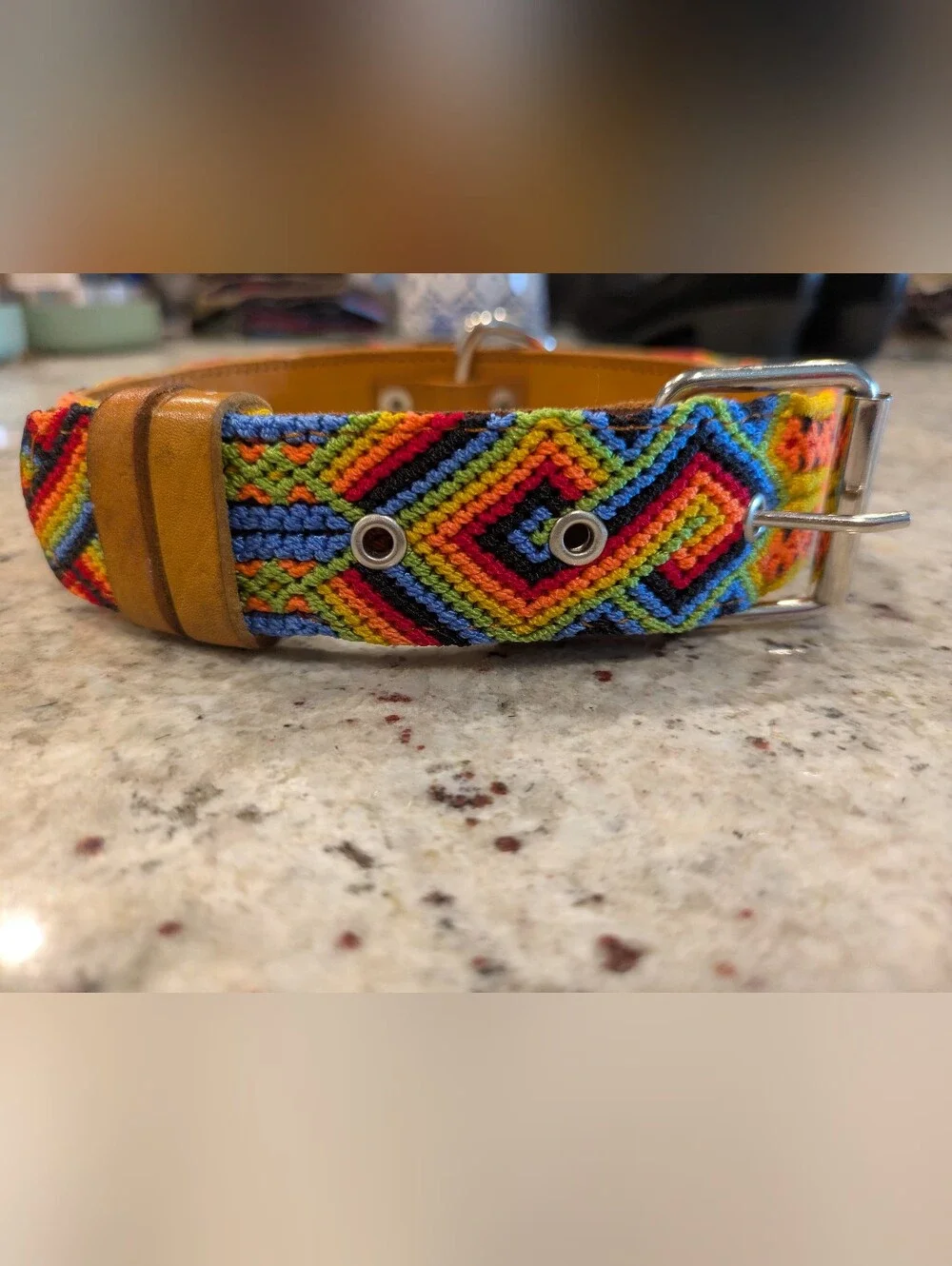 Handwoven Artisan Leather Dog Collar Multicolor Boho Southwestern Adjustable